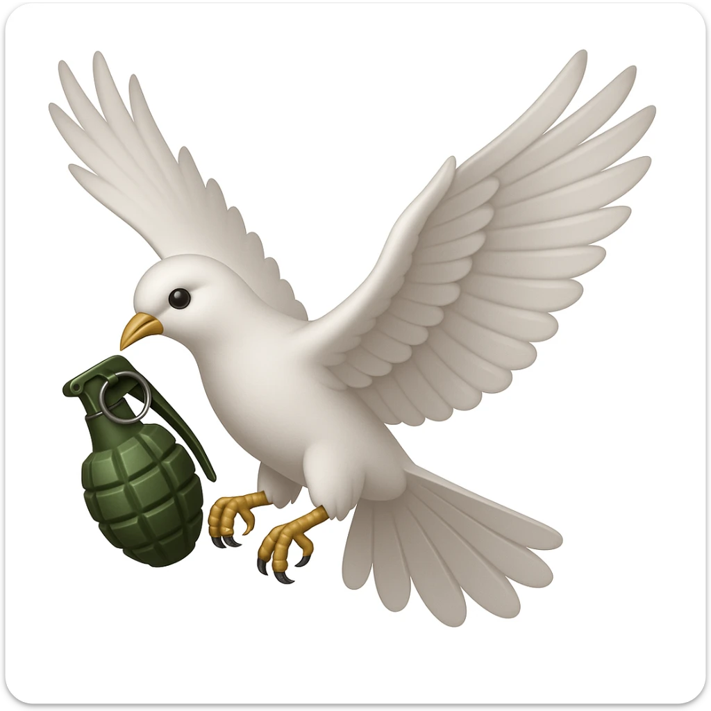 a flying dove holding a grenade in its paws, inspired by the Hollywood Undead logo, in the style of Apple emoji sticker