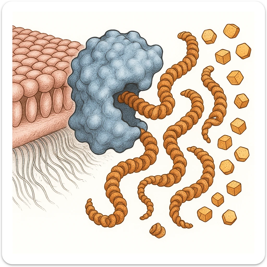 Ultra-detailed illustration of enzyme digestion: amylase breaking starch into sugars near a cell membrane. Clean white background, no text. Scientific but simple sticker
