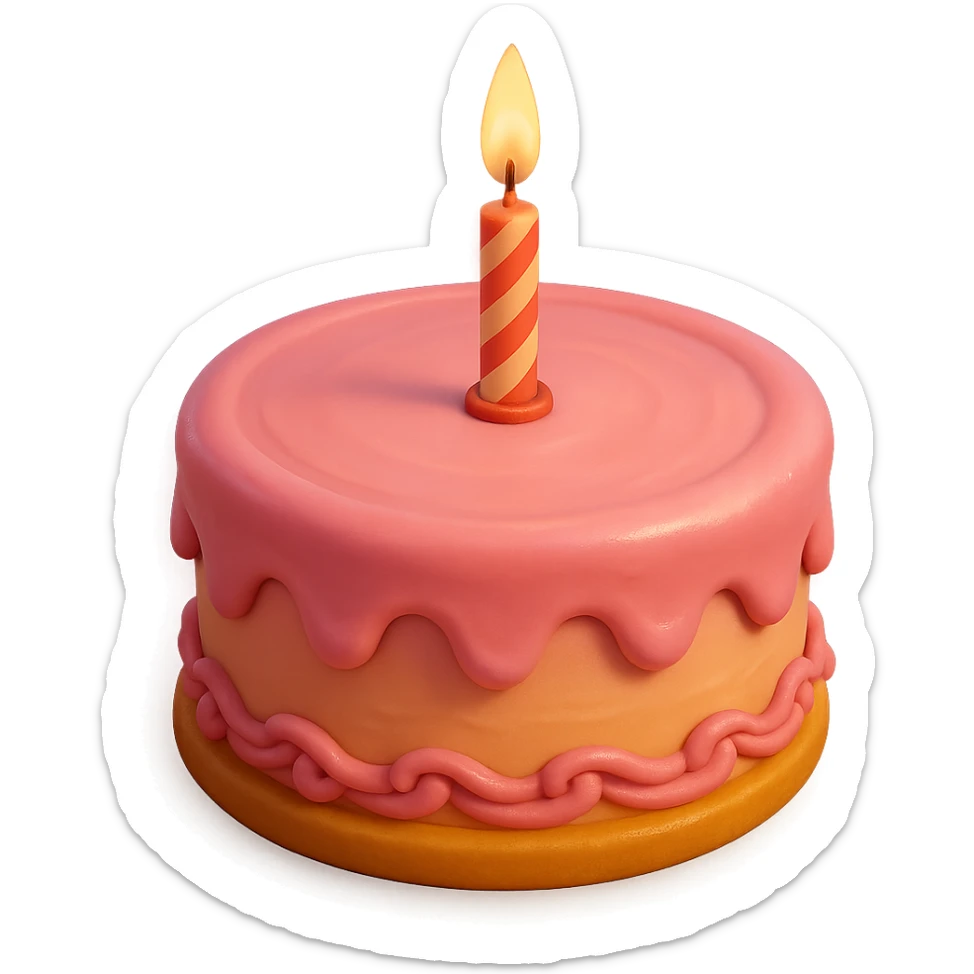 Draw a Pixar-style birthday cake with pink frosting and a single candle. The cake should be visible from the front and top. sticker