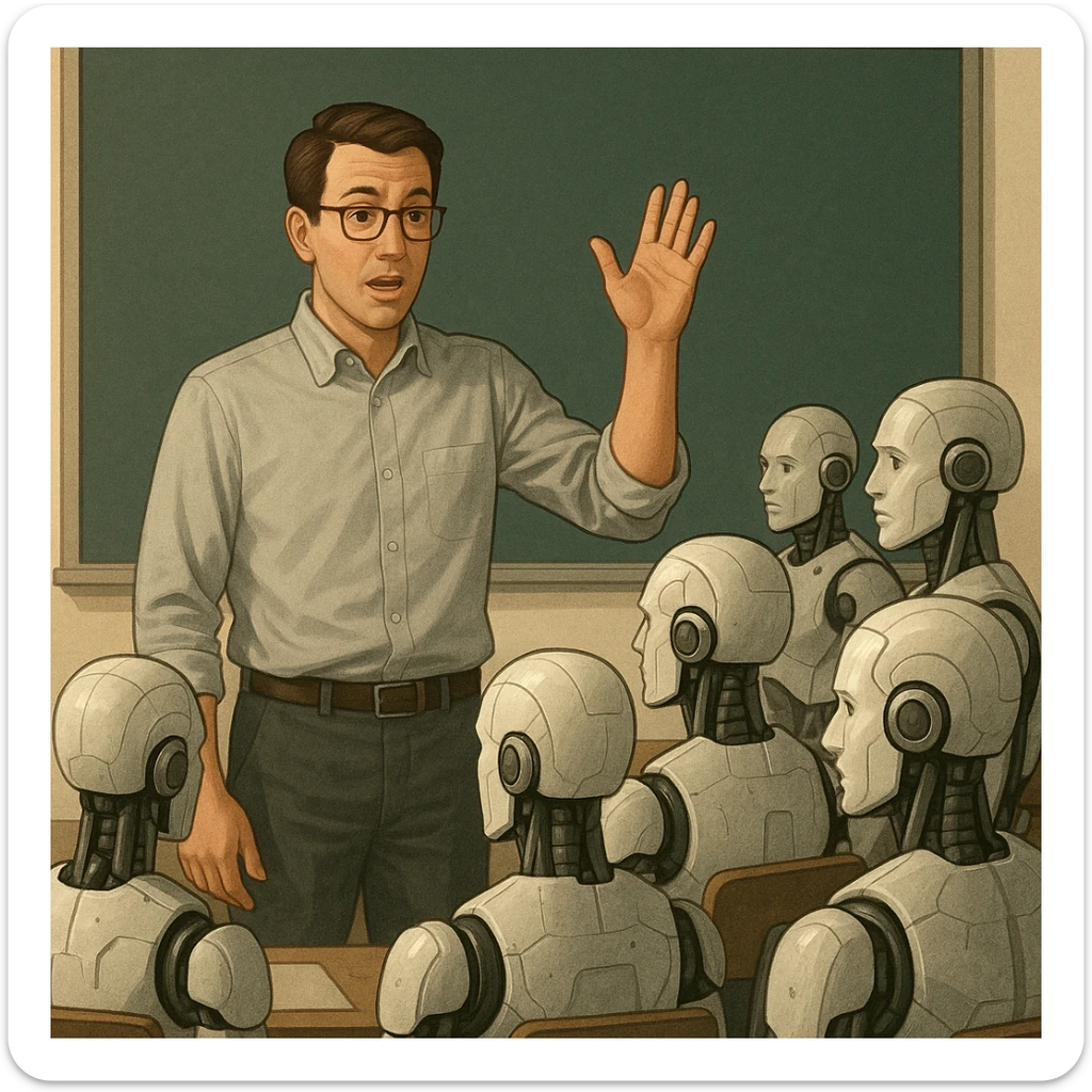 A human teacher standing in front of a classroom of androids, raising a hand to explain a concept sticker