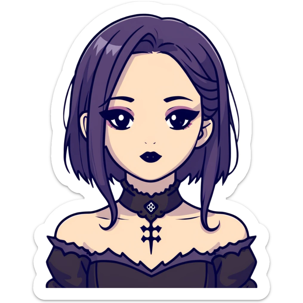 gothic girl with wide shoulders, small chest, dark makeup, black clothing sticker