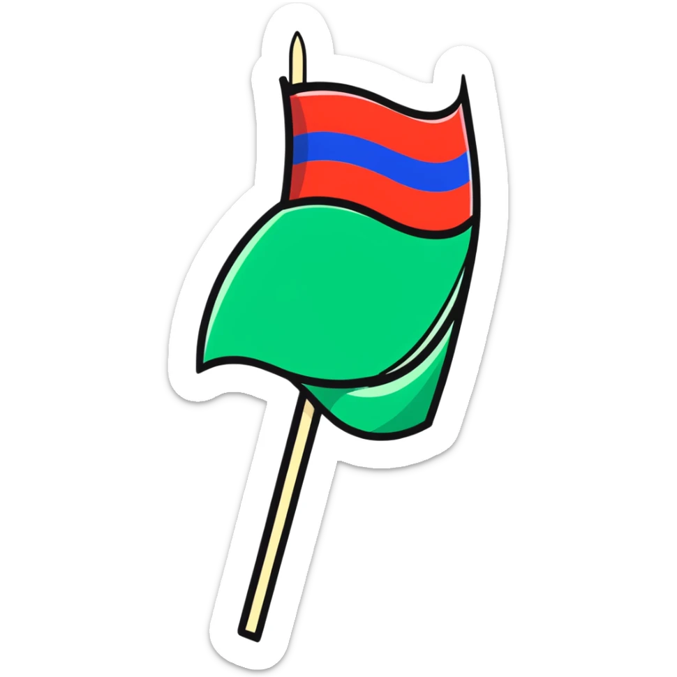 cartoonish sticker of a flag on a stick, bright colors, 'Floptropica' theme sticker