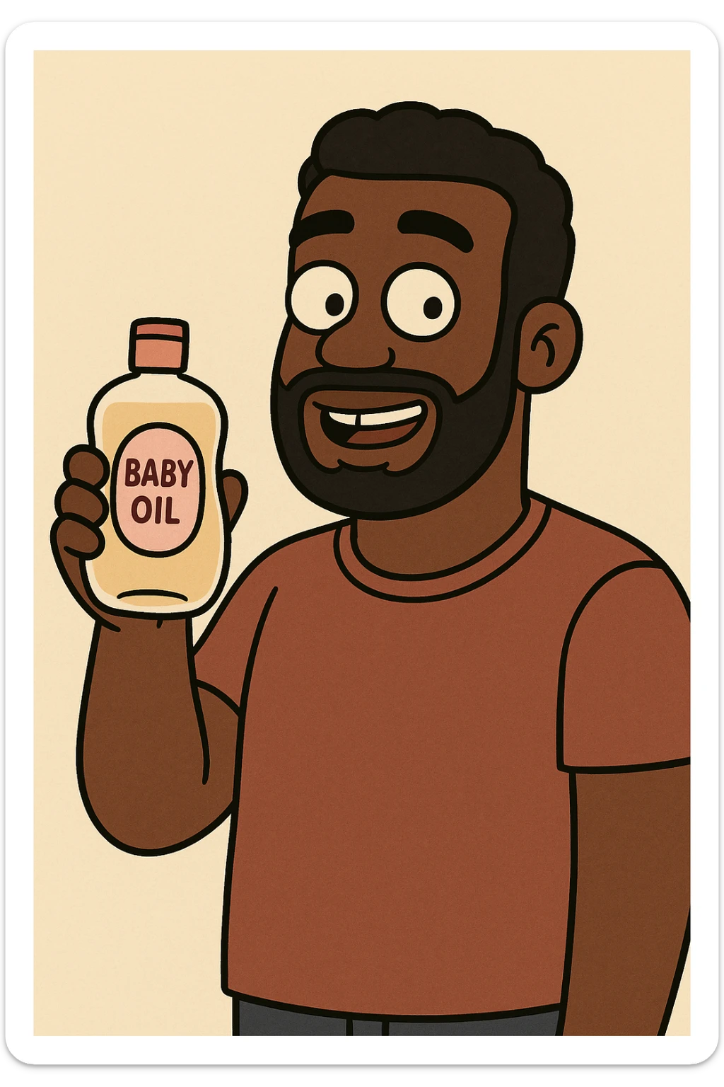 A Black man holding a bottle of baby oil, cartoon style, friendly expression, simple background sticker
