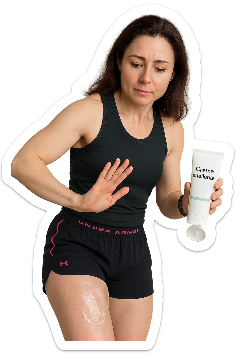 Donna con cellulite sulle cosce che usa una crema chiamata "Crema snellente" sticker