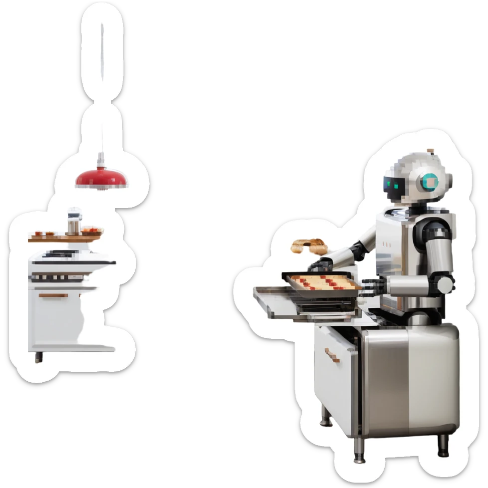 A robotic baker with stainless steel limbs, built-in mixers, and a retro-futuristic oven. The environment is industrial-chic: brushed metal surfaces, LED panels, and mechanical arms. UI mimics control panels with toggle switches, rivets, and analog dials. sticker