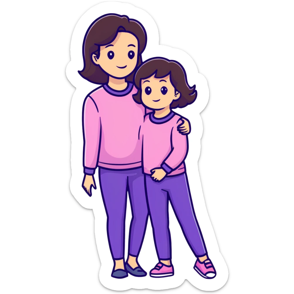 A brunette mom, with her little brunette daughter Mom, wearing purple daughter wearing pink sticker