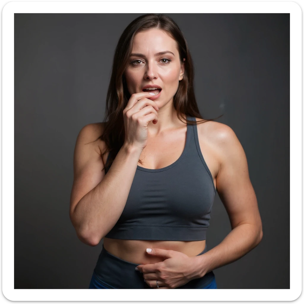 Realistic style woman in sportswear inspired by the reference photo, with one hand on her mouth and the other on her belly, indicating reflux, with a burning expression, neutral background. sticker