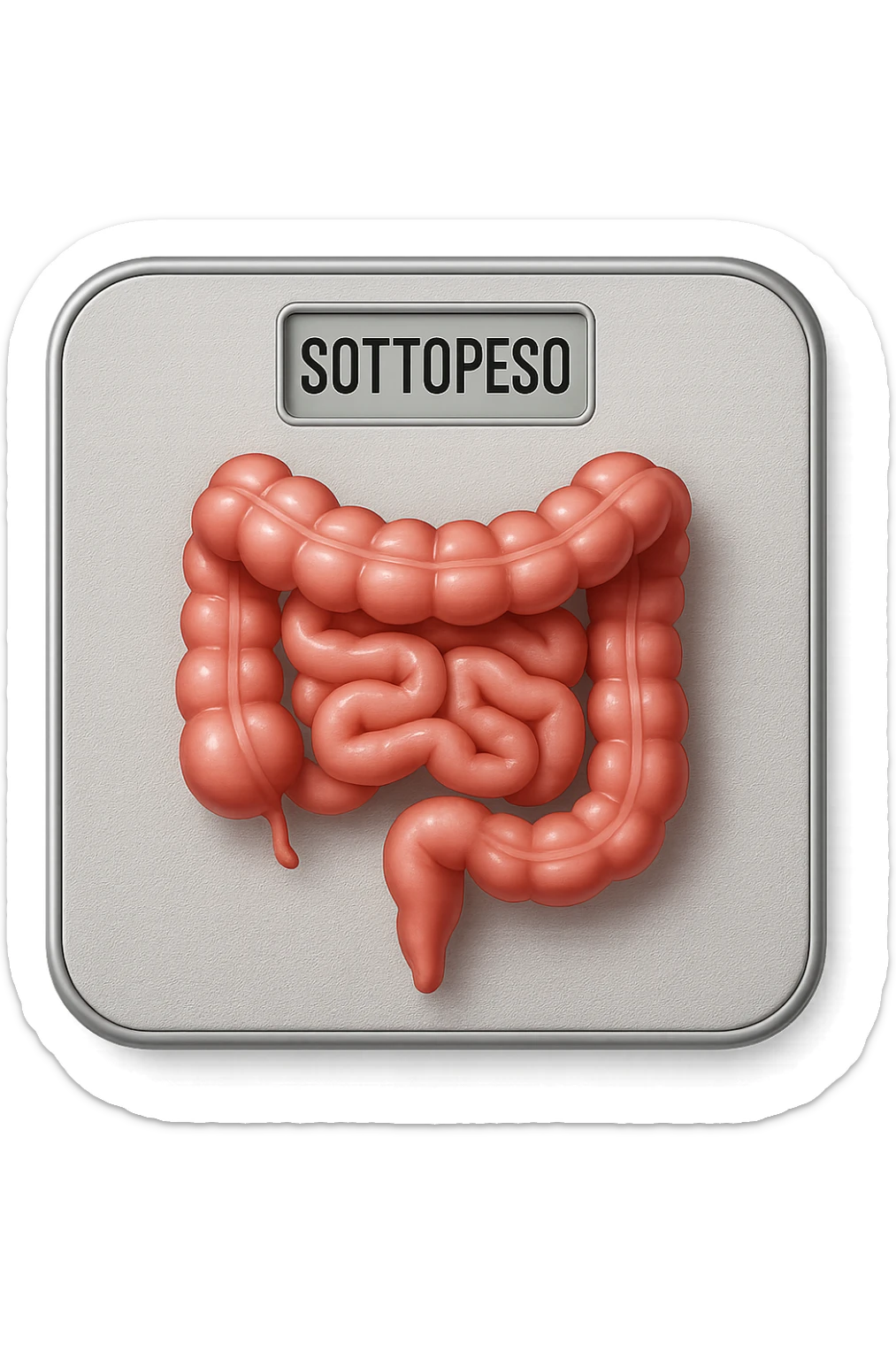 bilancia pesapersone con la scritta "SOTTOPESO" SUL DISPLAY, INTESTINO UMANO SULLA BILANCIA, stile emoji iphone, iperrealistico 4k sticker