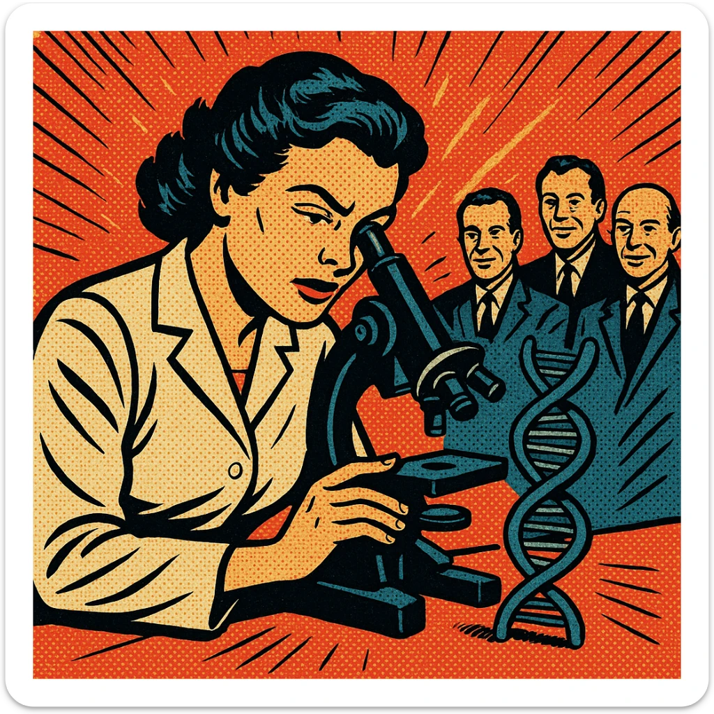 A 1950s female scientist making a DNA discovery using a microscope with other male scientists watching sticker