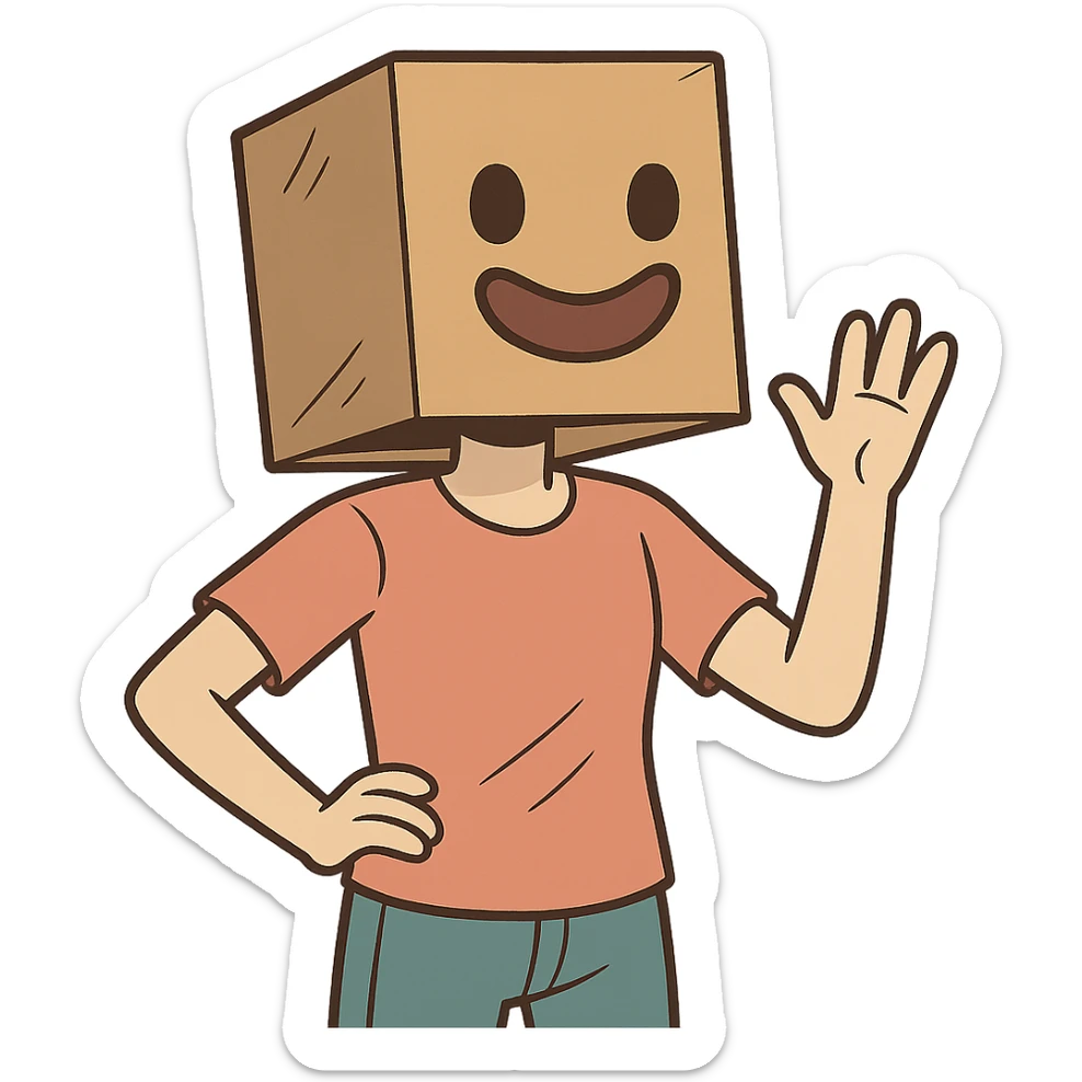 a person with a box on their head, the box has a big adorable smile, fun and whimsical style sticker