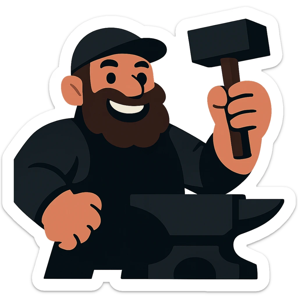 Create a Discord emoji of a cartoony blacksmith wearing medieval black clothing. Keep the style vibrant and suitable for Discord emoji with a transparent background. sticker