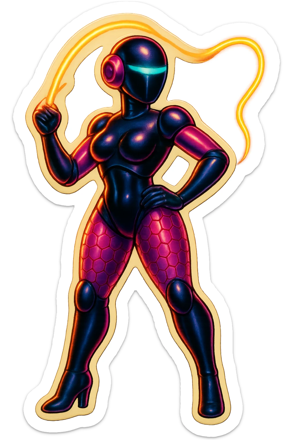 Add a glowing laser whip in the hand of a slim, powerful black female robot in retro sticker style, keeping the pose confident and the background transparent. sticker