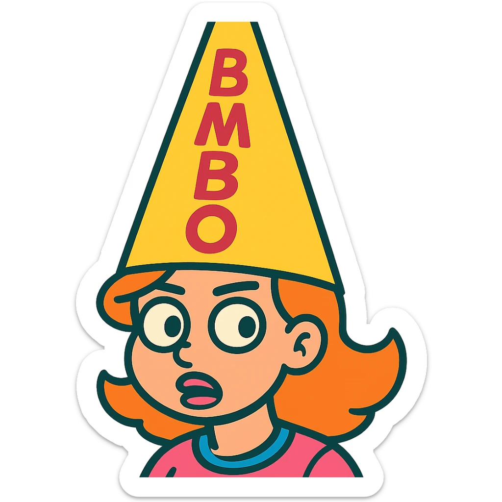 dunce cap with the word 'Bimbo' written on it, vibrant and colorful cartoonish style sticker
