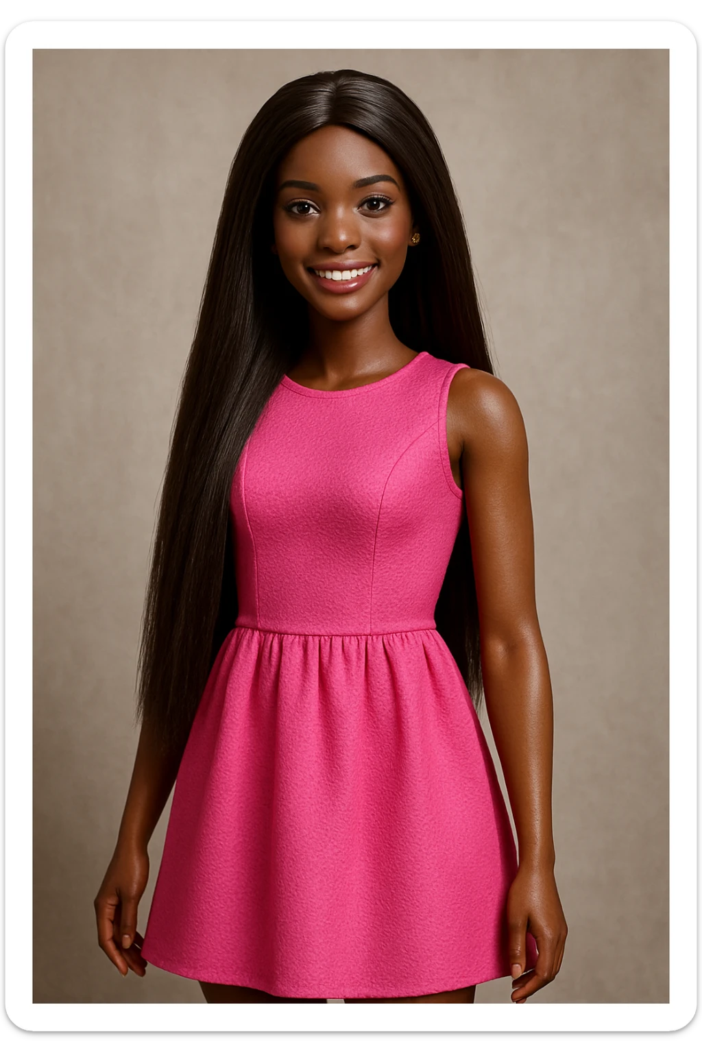 Barbie doll with dark skin and long straight hair, pink dress, smiling, standing pose sticker