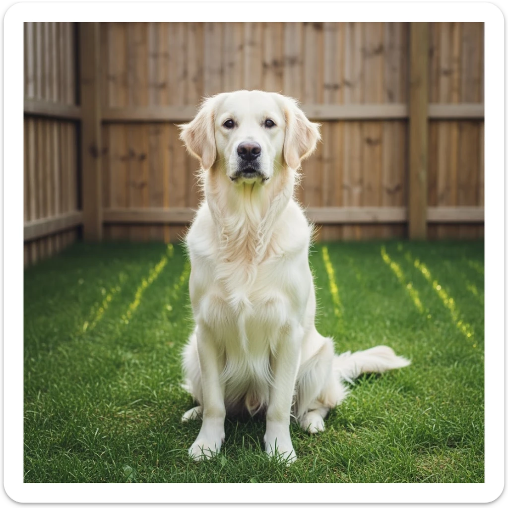 adult english cream golden retriever sitting on grass, facing camera, fence in the background sticker