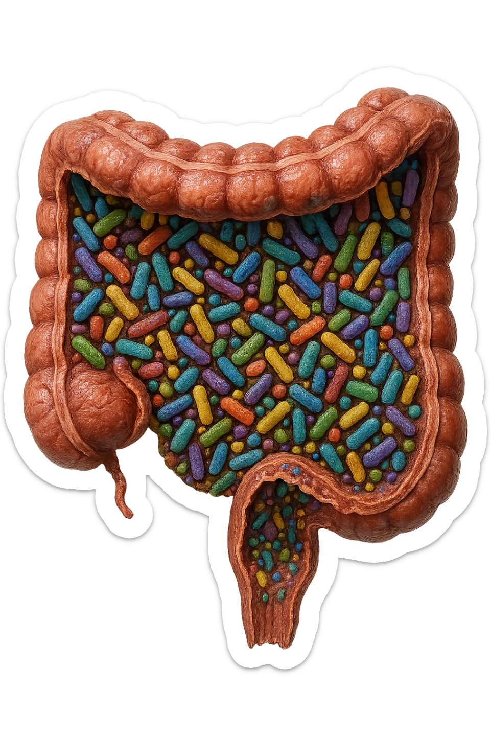 COLON DI UN INTESTINO UMANO ANATOMICO CON ALL'INTERNO PIENO DI BATTERI INTESTINALI, IPERREALISTICO 4K sticker