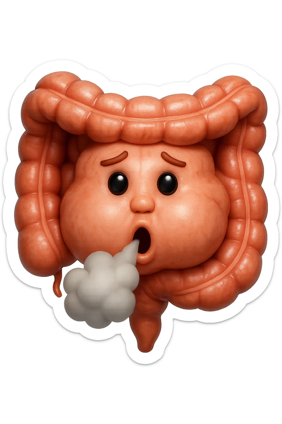 emoji stile iphone di un intestino che ingoia una nuvoletta di aria ben visibile e gli si gonfia la pancia, non fargli il naso, iperrealistico 4k sticker