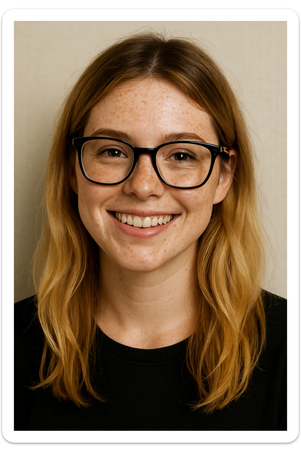 head and shoulders portrait of a blonde girl with brown roots, freckles, and black frame glasses, smiling, simple background sticker