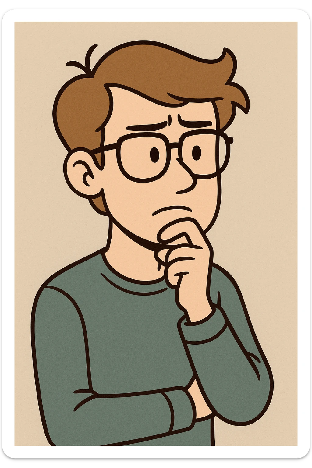 young man with light brown hair and fair skin, wearing glasses, thinking gesture, cartoon style sticker