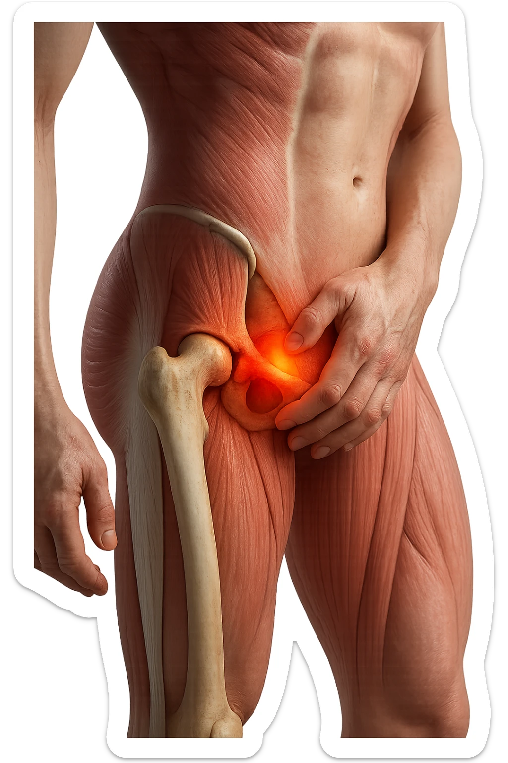CORPO UMANO ANATOMICO REALISTICO CHE SI TOCCA L'ANCA INFIAMMATA, DOLORE ALL'ANCA, IPERREALISTICO 4K sticker