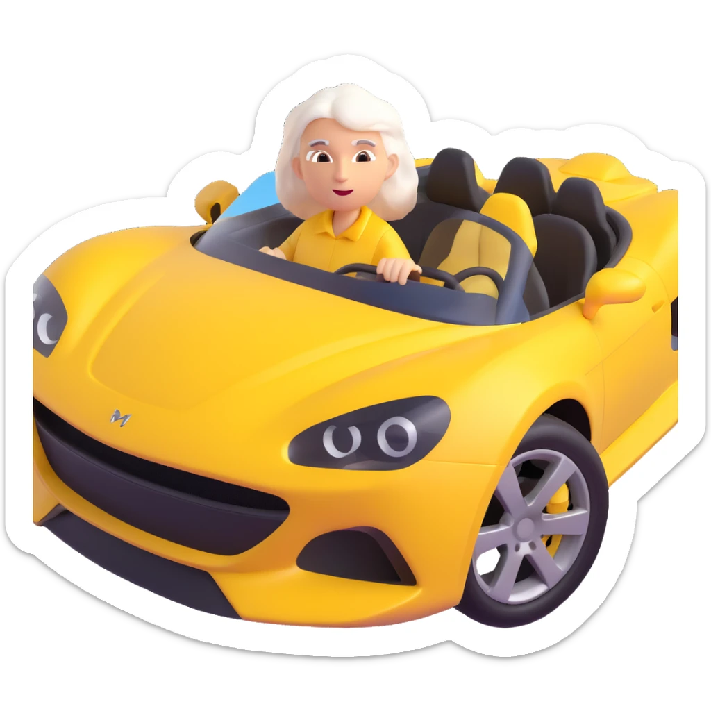 Make the mother with white hair in the yellow sports car look fast and furious, add dynamic motion effects, intense expression, sporty 3D emoji style, no background sticker