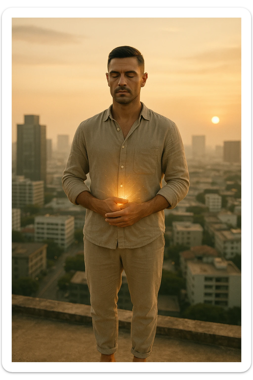 A cinematic portrait of a calm and composed man in his mid-30s, with light stubble and a defined jawline, standing alone on a rooftop at sunrise overlooking a quiet modern city. He’s wearing minimalist, earth-toned clothing — a linen shirt loosely buttoned, neutral joggers, barefoot. His hands rest gently over his abdomen in a meditative posture, eyes half-closed, reflecting clarity and focus. The early morning light bathes his face and body in soft gold, symbolizing renewal and healing. Around him, the city is still asleep, with only faint traces of life below. The air feels clean and silent. Subtle glow effects radiate gently from his chest and abdomen, suggesting internal regeneration. 35mm film style, shallow depth of field, realistic human textures and cinematic color grading with warm and natural tones. sticker