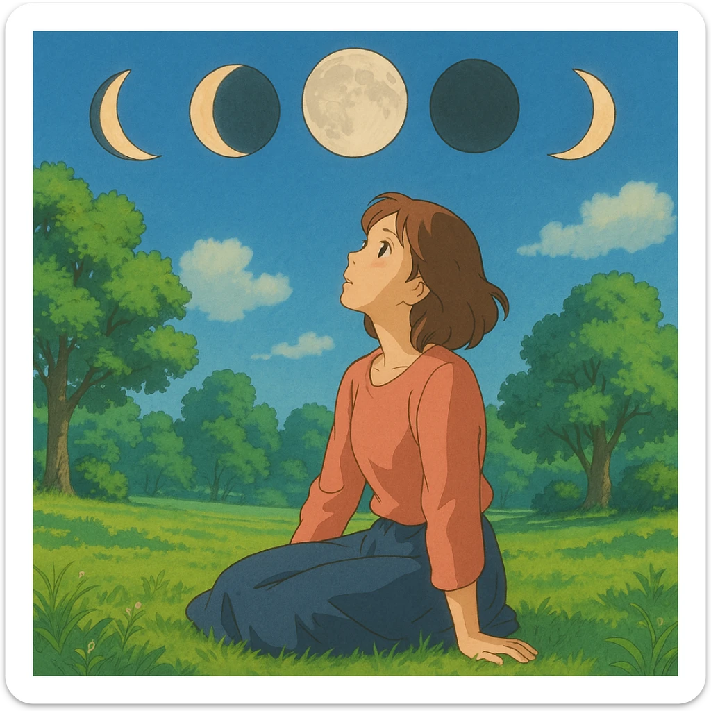 ghibli style illustration of a woman sitting on the grass in a park, looking up, surrounded by the moons of the 4 phases sticker