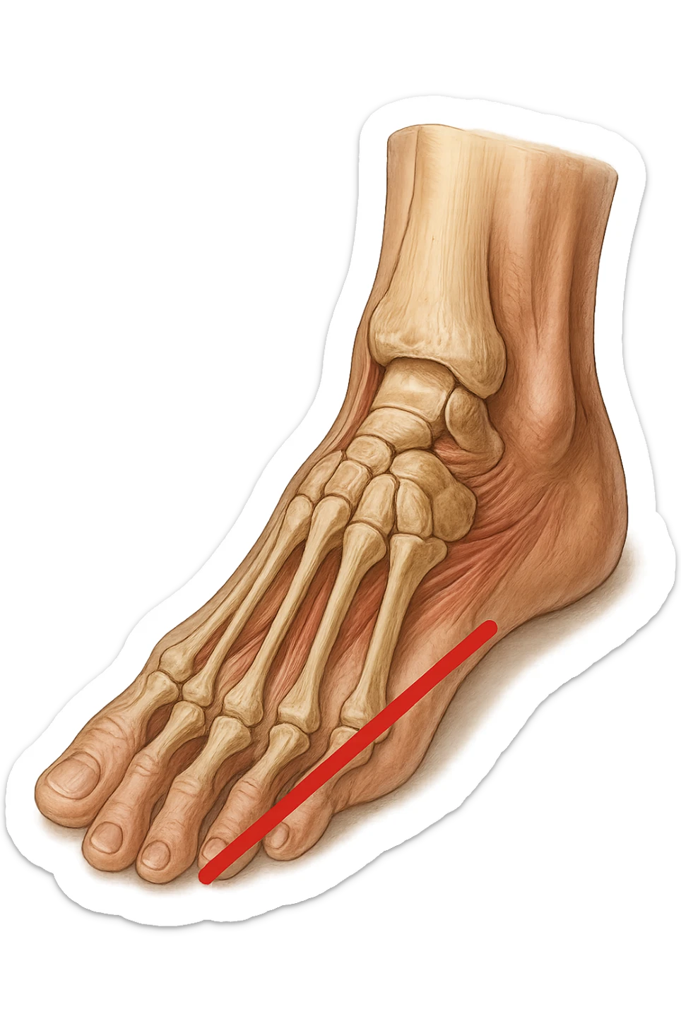 spazio dall'avampiede al tallone umano sottolineato in rosso, fai l'arto umano anatomico realistico con evidenza su quel tratto sticker