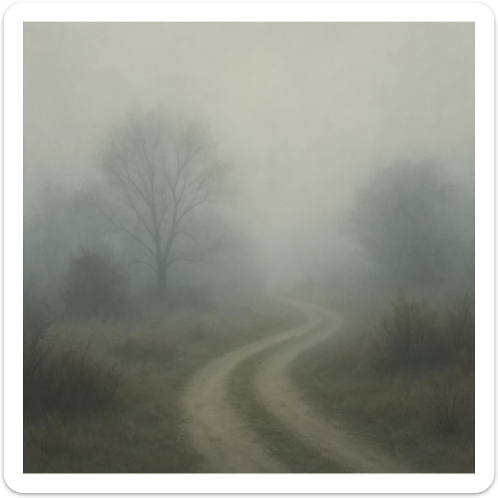 A foggy landscape with a winding path disappearing into the fog, foggy style. sticker