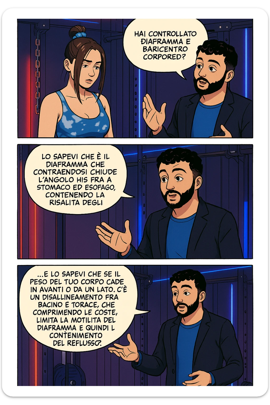 TRASFORMA QUESTO CAROSELLO IN UN FUMETTO STILE WEBTOON/MANGA A COLORI CON QUESTE DUE PERSONE IDENTICHE CHE INTERLOQUISCONO TRA LORO, L'uomo sta spiegando alla donna questo concetto:

LUI (UOMO): Hai controllato diaframma e baricentro corporeo?
LUI (UOMO): Lo sapevi che è il diaframma che contraendosi chiude l’angolo his fra stomaco ed esofago, contenendo la risalita degli acidi grassi?
LUI (UOMO): …e lo sapevi che se il peso del tuo corpo cade in avanti o da un lato, c’è un disallineamento fra bacino e torace, che comprimendo le coste, limita la motilità del diaframma e quindi il contenimento del reflusso? sticker