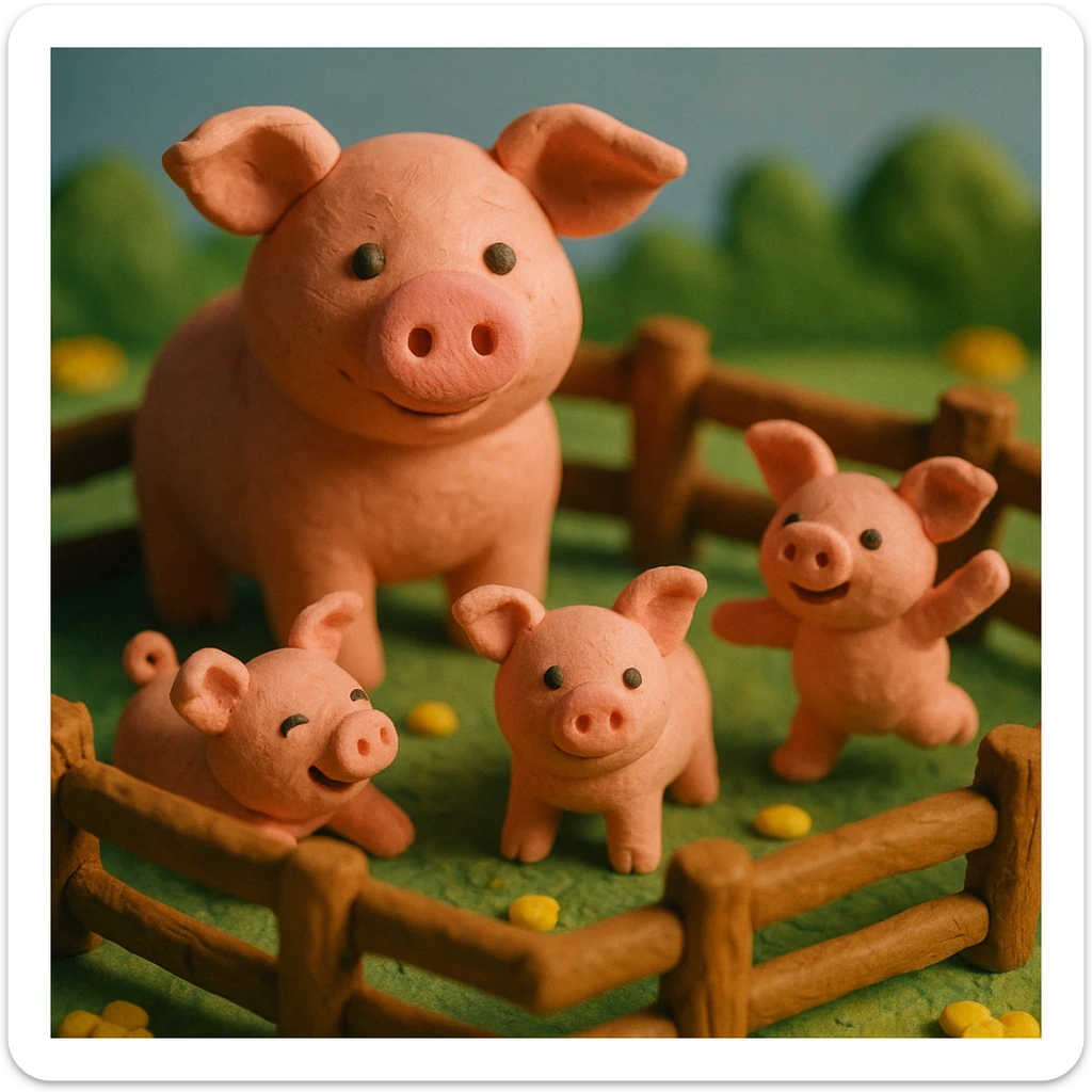 claymation style pig family in a wooden pen, piglets playing, colorful and cheerful sticker