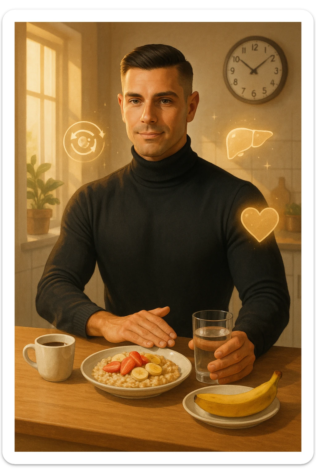 A realistic, cinematic illustration of a man in his early 30s with a fit, healthy appearance, standing in a bright kitchen in the morning. The kitchen table has a prepared but untouched healthy breakfast (oatmeal, fruit, coffee) on it, while the man, with a calm and focused expression, gently pushes the plate away with one hand while holding a glass of water in the other. A wall clock in the background shows 8:00 AM, indicating the morning fasting window, while sunlight streams in, illuminating the scene. Subtle glowing icons of a regenerating cell, a clean liver, and a heart float softly around him, symbolizing the health benefits of intermittent fasting. The atmosphere is clean, minimal, and motivating, showing that the man chooses intermittent fasting consciously for health, clarity, and energy rather than weight loss alone. The color palette is warm, with natural light and a slight film grain for depth sticker