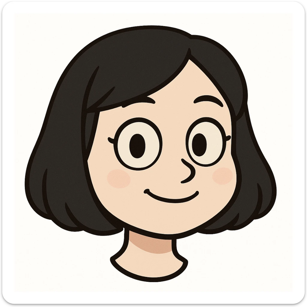 young cute girl with pale skin, black bob haircut, light makeup, big simple cartoon eyes, simple soft smile, minimal details, classic Telegram sticker style, head only without neck, white background sticker