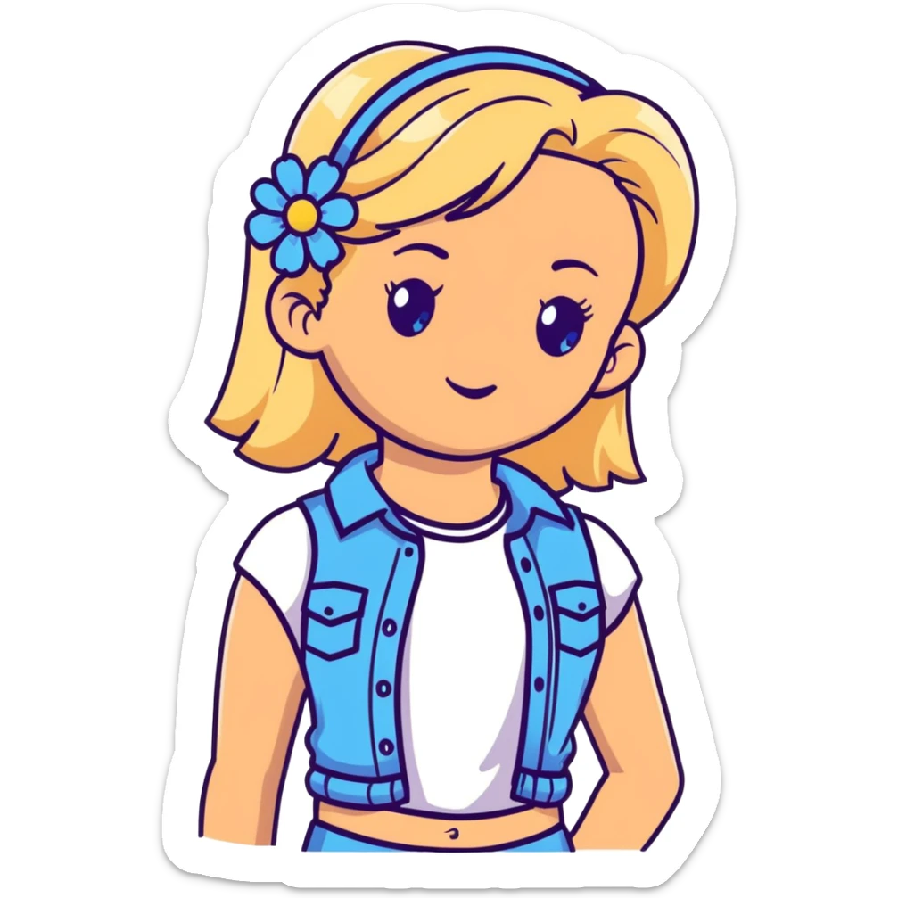 preppy coastal teen girl with blue eyes, beach blonde hair, tan skin, small flowers in her ear, preppy beach outfit sticker