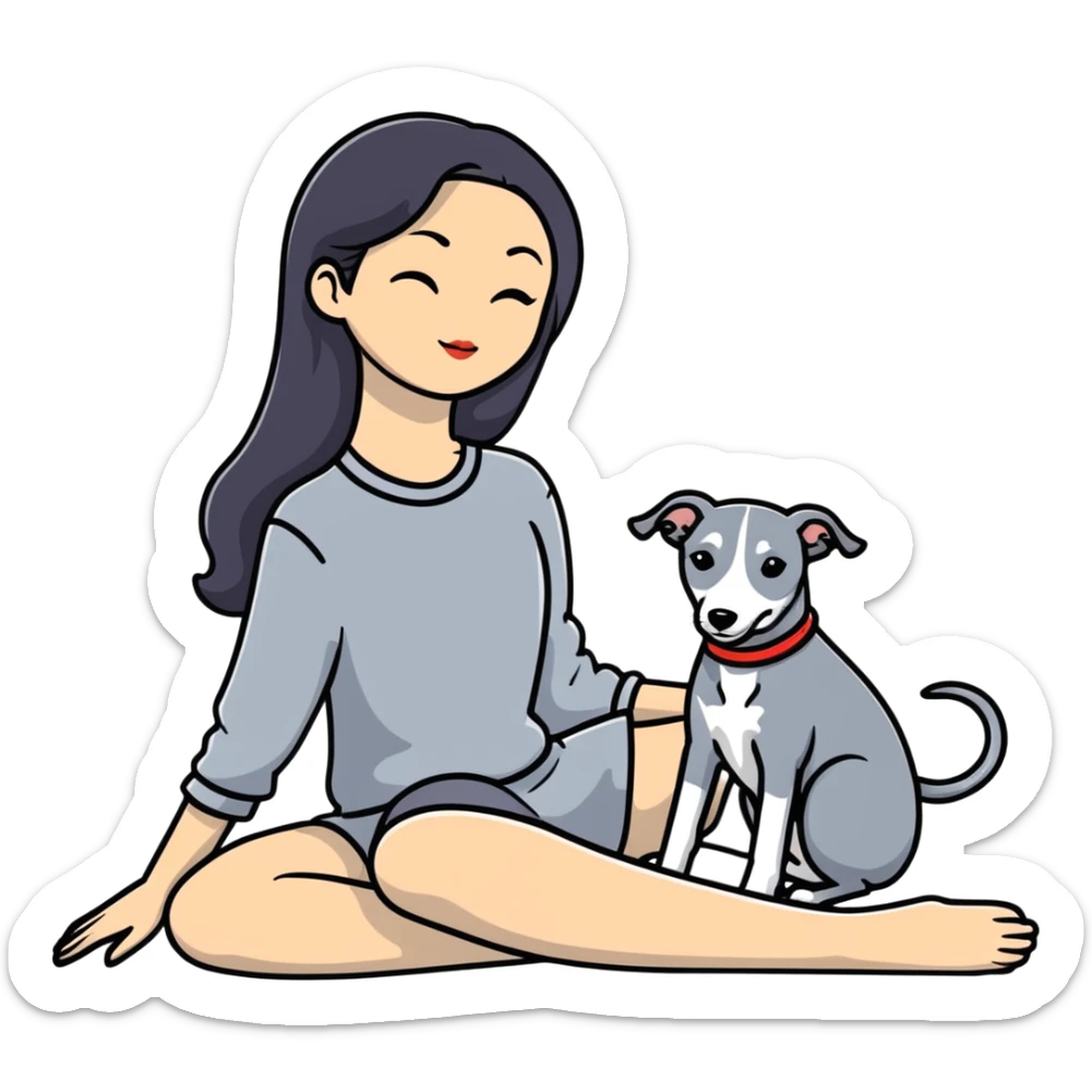 Very thin Chinese woman with long black hair relaxing in a luxurious hotel suite with exactly ONE whippet dog. EXTREME IMPORTANCE: the whippet must be ONE SOLID MEDIUM GREY COLOR (not too dark, not too light) from nose to tail with ABSOLUTELY NO WHITE MARKINGS anywhere - NO white on face, NO white on muzzle, NO white on chest, NO white on paws, NO white on tail - NOTHING BUT A SINGLE SHADE OF MEDIUM GREY throughout the entire animal sticker