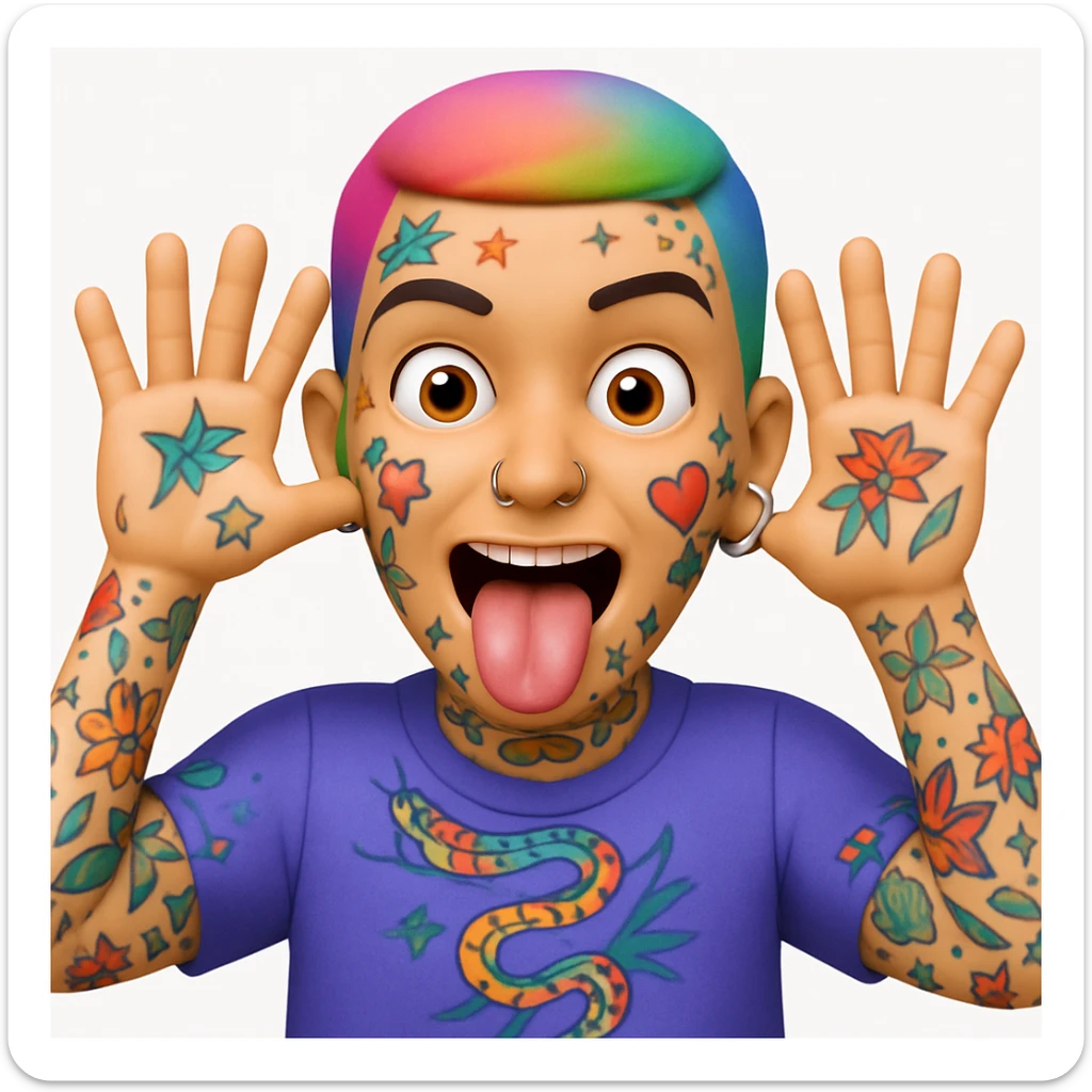 A 3D emoji in iOS emoji aesthetic style of a wild expressive person with colorful tattoos, multiple facial piercings, sticking out their tongue and making a funny face, glossy Apple-style design, clean white background, vibrant and bold look. sticker