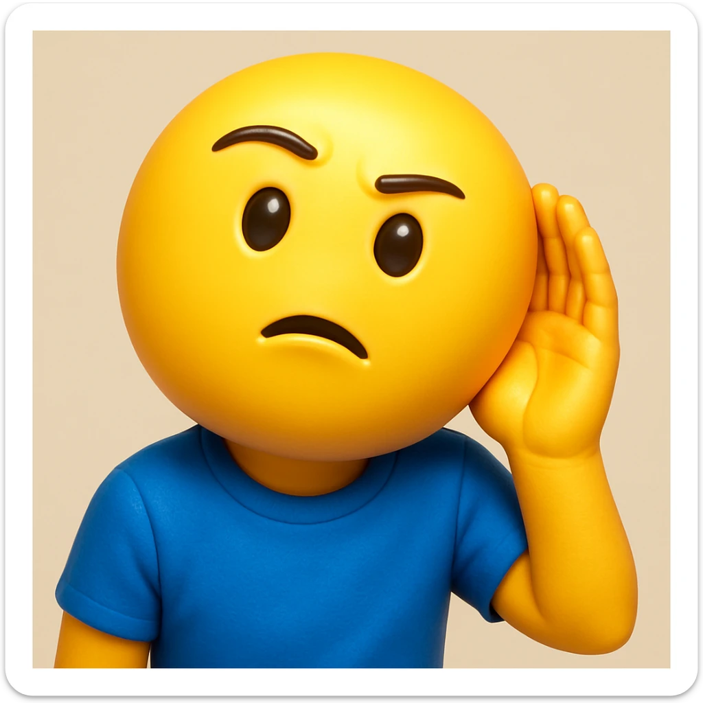A 3D emoji in iOS emoji aesthetic style of a person wearing a blue t-shirt, holding one hand to their ear while leaning slightly forward as if trying to listen carefully, curious and attentive expression, glossy Apple

 sticker