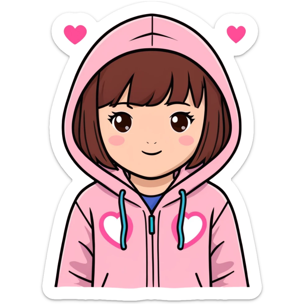 The cutest little brown haired brown eyed little girly with bangs and wearing a pink hoodie with hearts and sparkles sticker