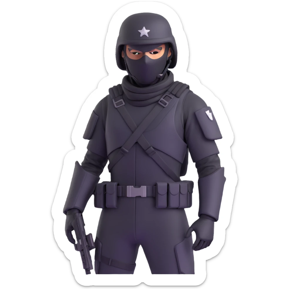 armed figure in all-black military clothing, shiesty mask, and helmet, standing in a ready pose sticker