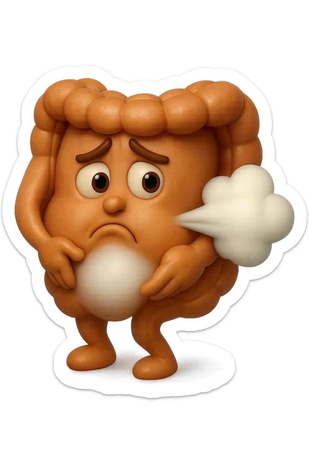 emoji stile iphone di un intestino che ingoia una nuvoletta di aria ben visibile e gli si gonfia la pancia, iperrealistico 4k sticker