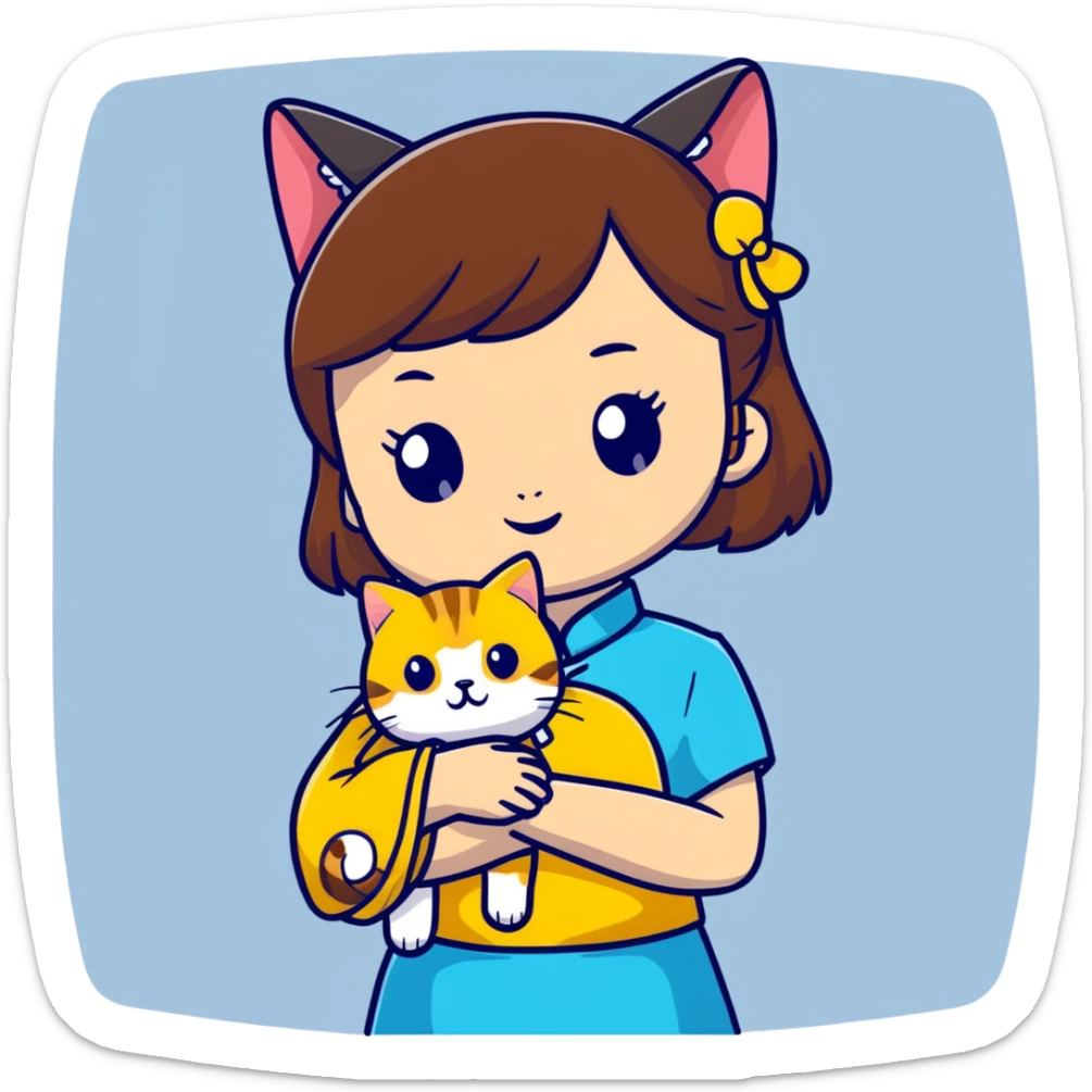 girl with brown hair and bangs wearing yellow qipao with a gray tabby cat sticker