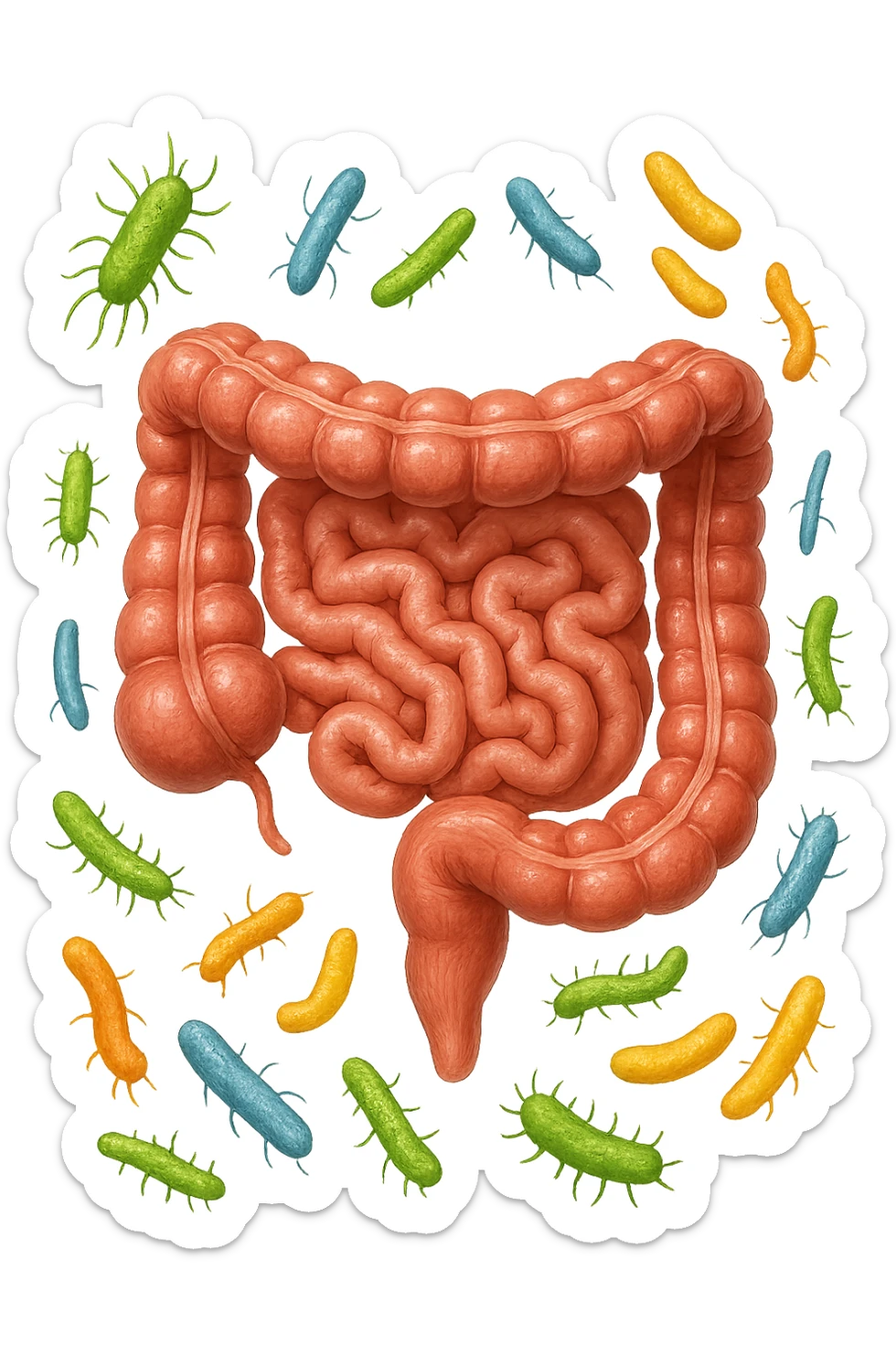 intestino umano anatomico con qualche batterio intestinale che gli fluttua intorno, ISOLATO SU SFONDO BIANCO sticker