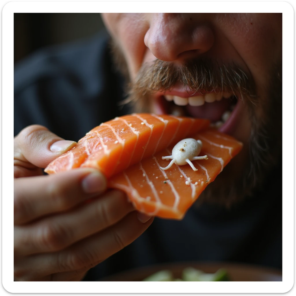 realistic 4K image of a man eating raw salmon sushi with a close-up detail showing white parasites inside the salmon slice sticker