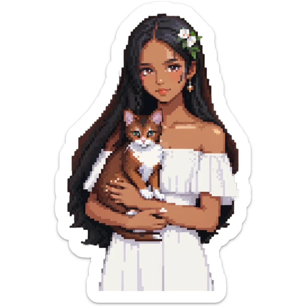 beautiful girl with long black hair wearing a white dress holding an Abyssinian cat with reddish-brown fur in her arms sticker