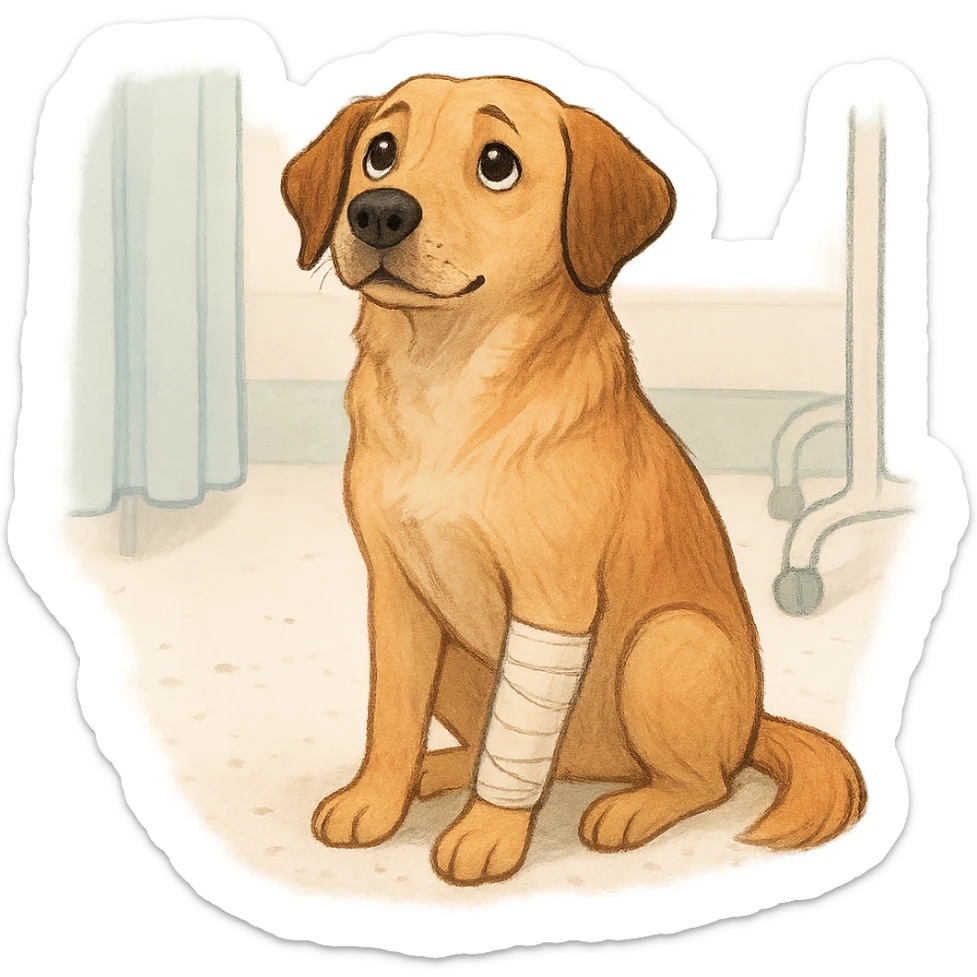 dog with a shaved leg and a bandage, sitting up, looking hopeful, gentle medical care context sticker