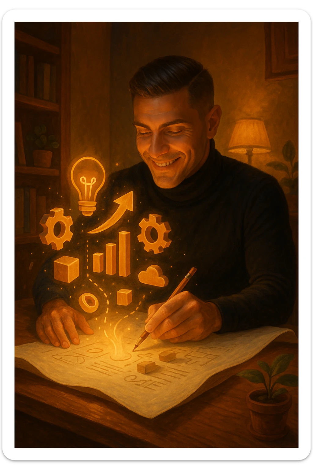 Un uomo concentrato, seduto alla sua scrivania in una stanza con luce calda, sta scrivendo su un enorme foglio di carta che si espande magicamente davanti a lui. Mentre scrive, le parole si trasformano in elementi visivi tridimensionali che rappresentano le soluzioni ai suoi problemi sticker