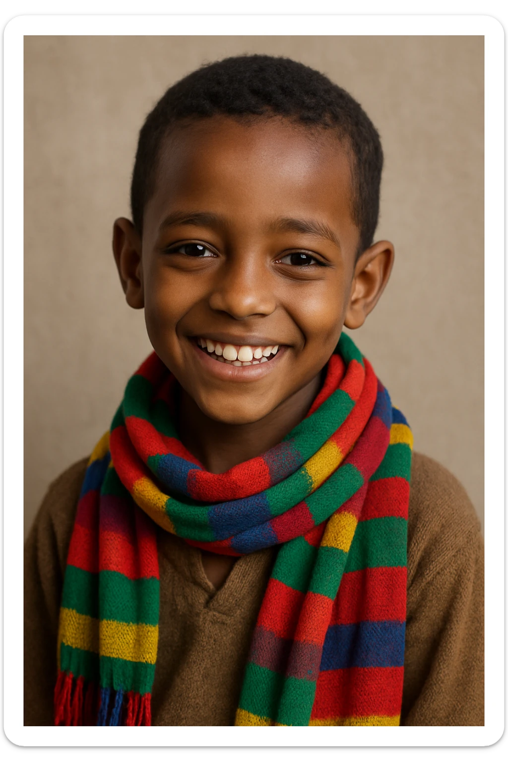 Ethiopian young boy, smiling, wearing a colorful scarf, short hair, simple background sticker