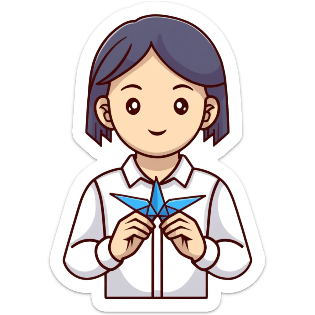 Ukrainian young girl in a white embroidered shirt holds an origami crane sticker