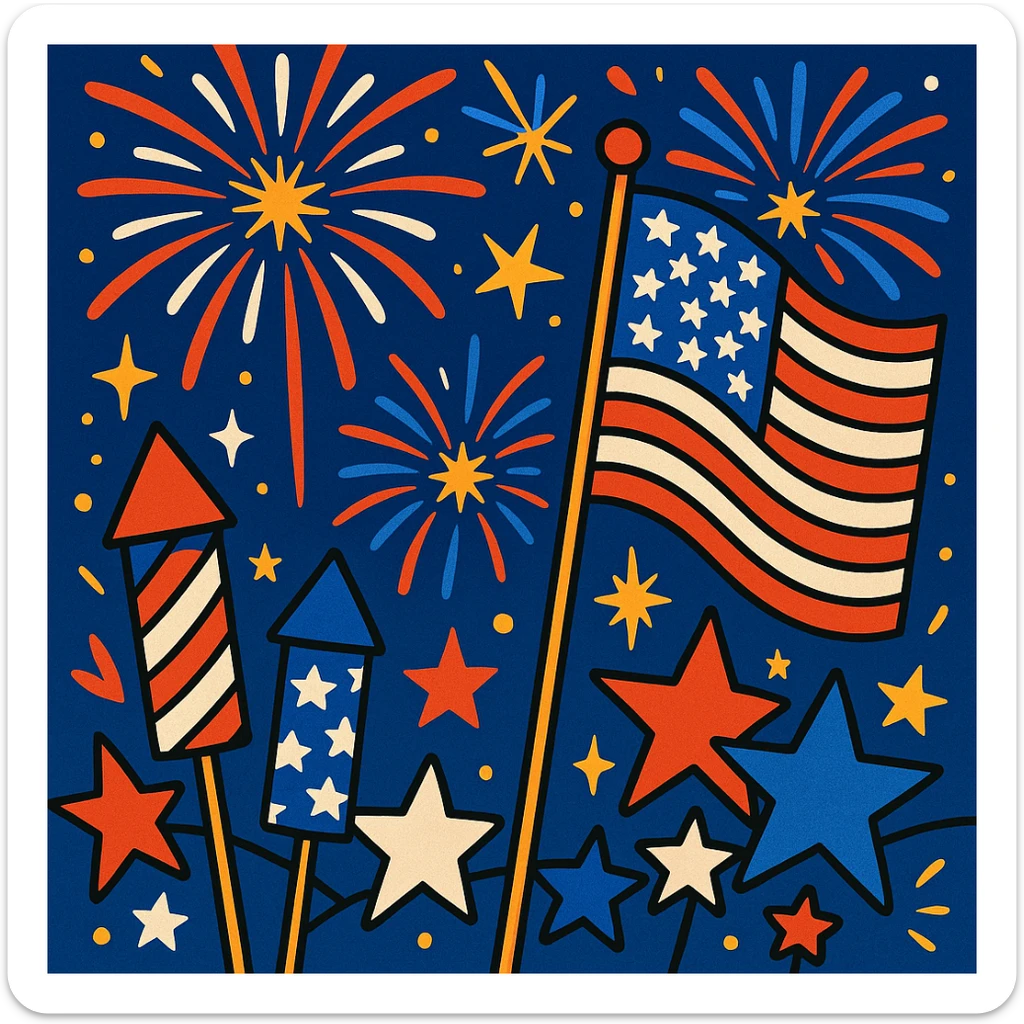 4th of July celebration with fireworks and American flag, festive, vibrant colors sticker