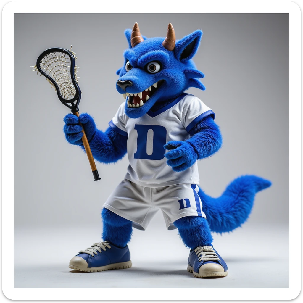 Duke Blue Devil mascot playing lacrosse, realistic style, blue and white uniform, holding a lacrosse stick, dynamic action, detailed and lifelike sticker